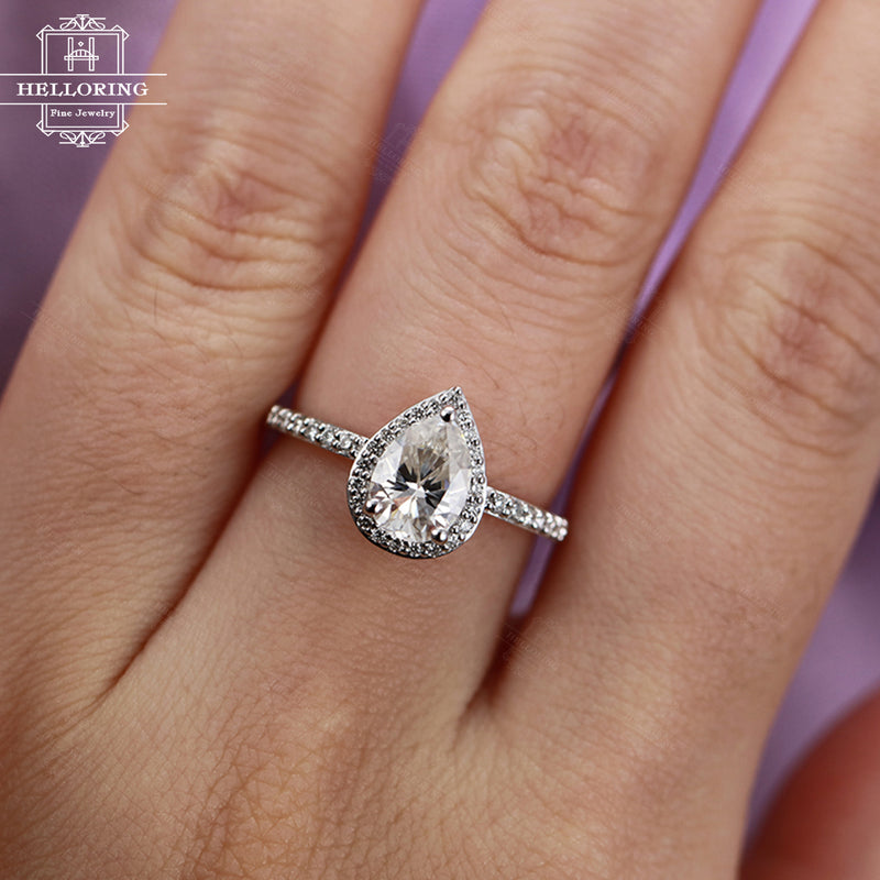 Pear shaped Moissanite Engagement ring White gold Women Wedding Halo Diamond Unique Jewelry Promise Anniversary gift for her Half Eternity