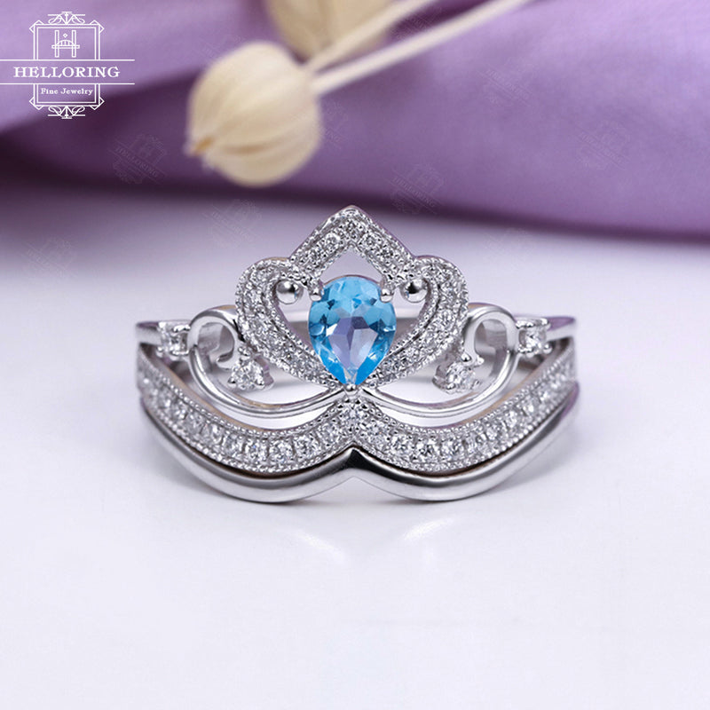 Swiss blue topaz engagement ring set White gold Women Diamond Curved Wedding band Art deco Jewelry Pear shaped Cut Unique Promise Micro pave