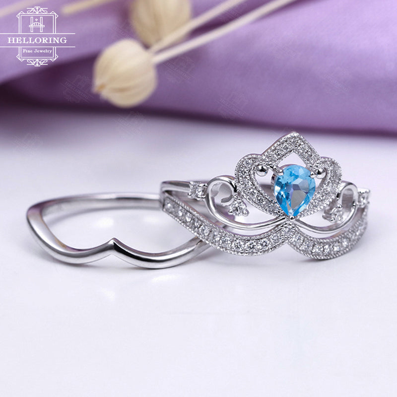 Swiss blue topaz engagement ring set White gold Women Diamond Curved Wedding band Art deco Jewelry Pear shaped Cut Unique Promise Micro pave