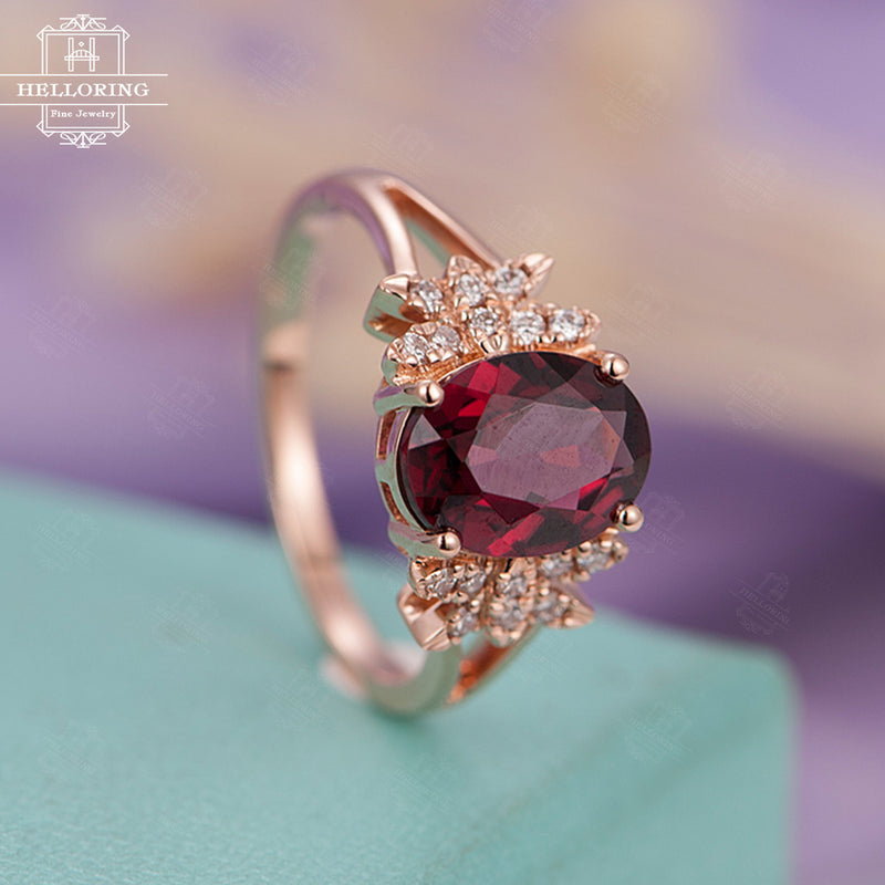 Garnet engagement ring Rose gold engagement ring Vintage women diamond Antique Unique Birthstone Bridal set Jewelry Anniversary gift for her