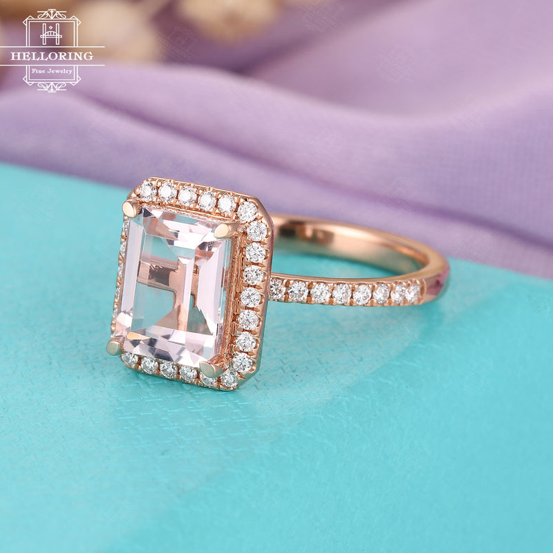 Morganite engagement ring Emerald Cut, rose gold for women,Vintage halo moissanite wedding ring,Unique gifts for her,Half eternity Micro pave