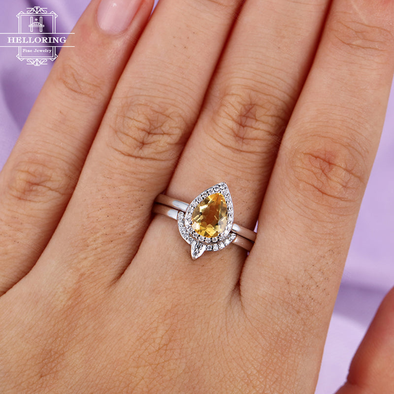 Citrine engagement ring Vintage Curved wedding band Women Diamond Pear shaped Halo set Jewelry Bridal set Anniversary gift for her Promise
