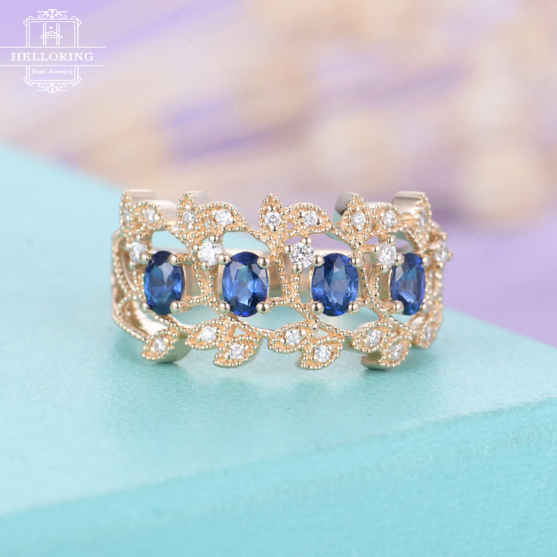 Vintage Sapphire wedding band women 14k gold art deco diamond antique Milgrain Bridal Stacking Ring Half Eternity Unique Anniversary Gift