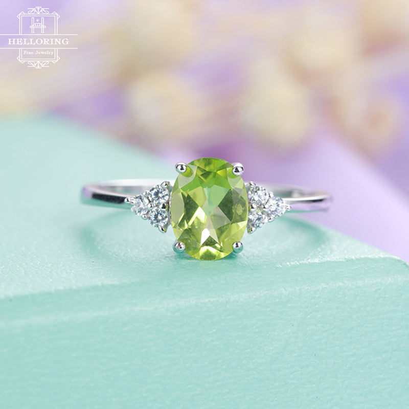 Peridot engagement ring Cluster diamond ring Women Wedding Oval Bridal Jewelry Birthstone Promise Anniversary Valentines day gift for her