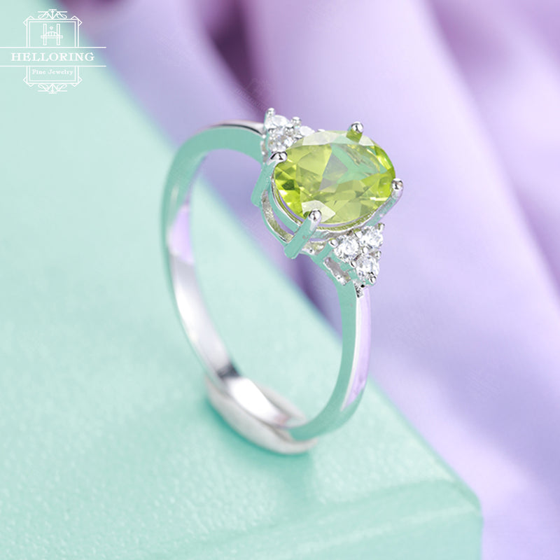 Peridot engagement ring Cluster diamond ring Women Wedding Oval Bridal Jewelry Birthstone Promise Anniversary Valentines day gift for her