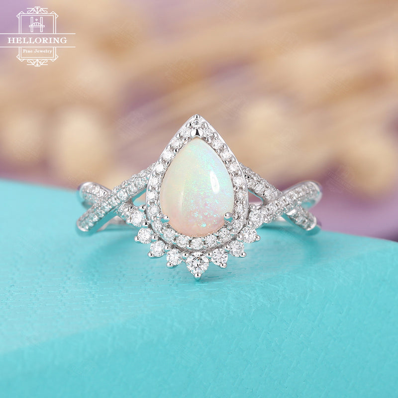 Opal engagement ring white gold women,Pear shaped wedding ring vintage,Halo diamond half eternity jewelry,Anniversary gifts for her Promise