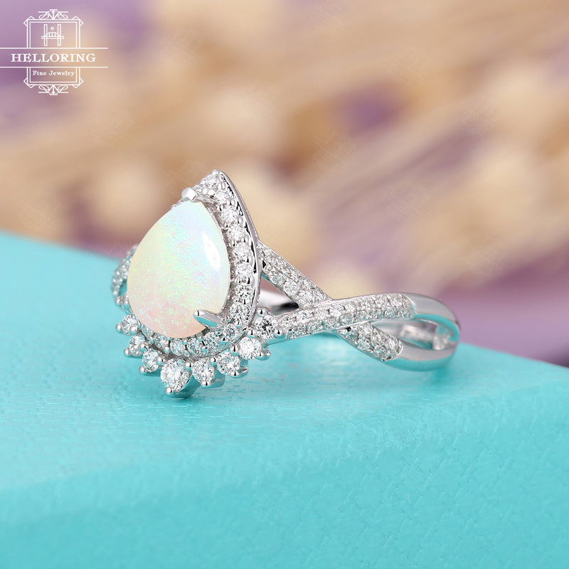 Opal engagement ring white gold women,Pear shaped wedding ring vintage,Halo diamond half eternity jewelry,Anniversary gifts for her Promise