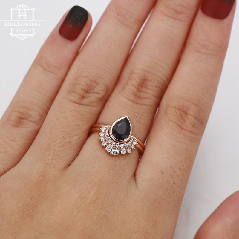 Black onyx engagement ring rose gold,Pear shaped wedding ring set Vintage,Baguette cut diamond matching Jewelry,Anniversary gifts for her