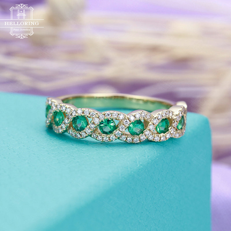 Vintage Emerald Wedding Band antique Half eternity band Art Deco Unique Diamond Bridal set Jewelry 14k gold Stacking Infinity Micro pave