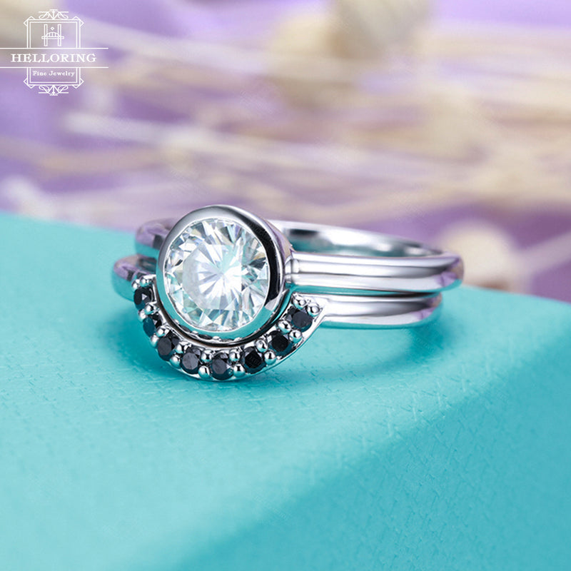 Engagement ring set White gold engagement ring Vintage Moissanite Curved Black diamond wedding women Antique Stacking Bridal Jewelry Promise