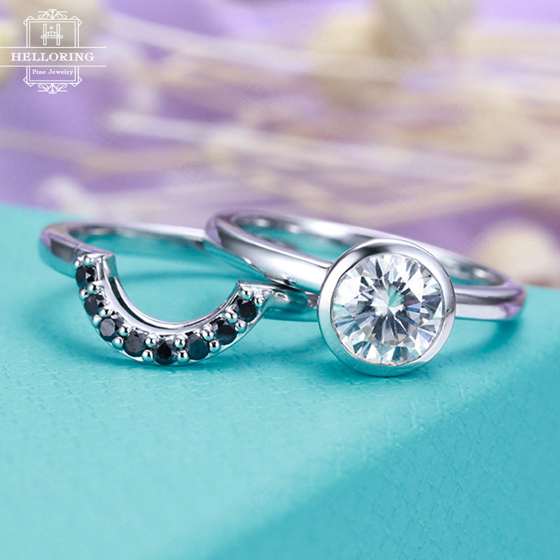 Engagement ring set White gold engagement ring Vintage Moissanite Curved Black diamond wedding women Antique Stacking Bridal Jewelry Promise