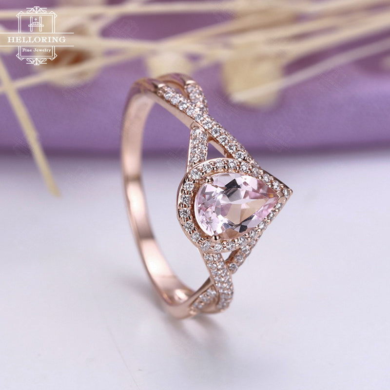 Pear shaped Morganite engagement ring Rose gold Women Wedding Halo set diamond Unique Promise Jewelry Anniversary gift for her Twisted band