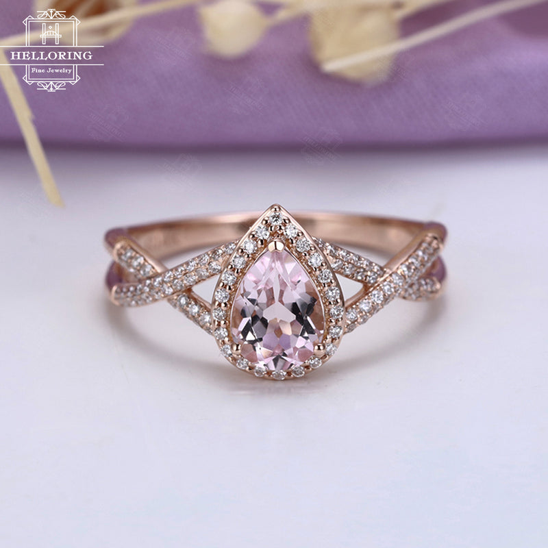 Pear shaped Morganite engagement ring Rose gold Women Wedding Halo set diamond Unique Promise Jewelry Anniversary gift for her Twisted band