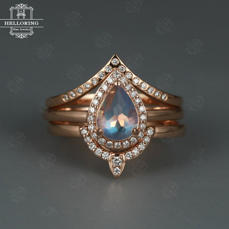 Engagement ring set rose gold with a pear shaped cut Moonstone and halo diamond Curved wedding band Chevron Vintage Anniversary gift for her