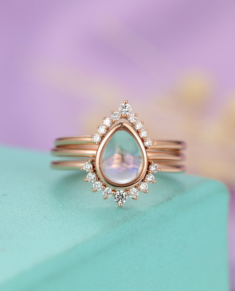 3pcs Pear Shaped Moonstone Engagement Ring, 14k rose gold and size 4, Diamond Bridal set Jewelry Anniversary gift for her