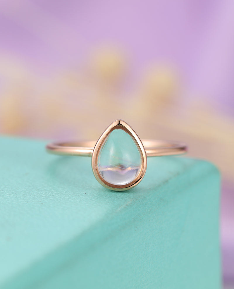3pcs Pear Shaped Moonstone Engagement Ring, 14k rose gold and size 4, Diamond Bridal set Jewelry Anniversary gift for her