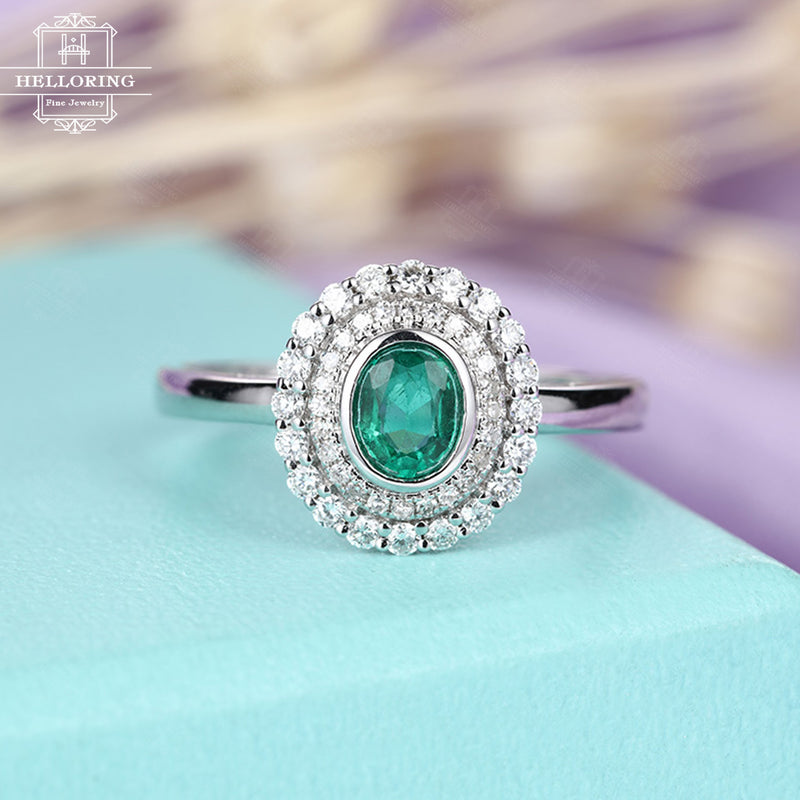 Emerald engagment ring vintage women Cluster diamond wedding ring antique act deco Flower Bridal set Jewelry Christmas gift Anniversary