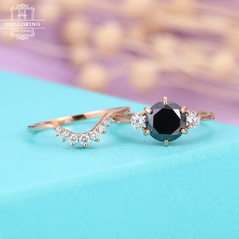 Vintage black onyx engagement ring set Art deco diamond curved wedding band women Rose Gold Unique Simple Bridal Jewelry Anniversary gift