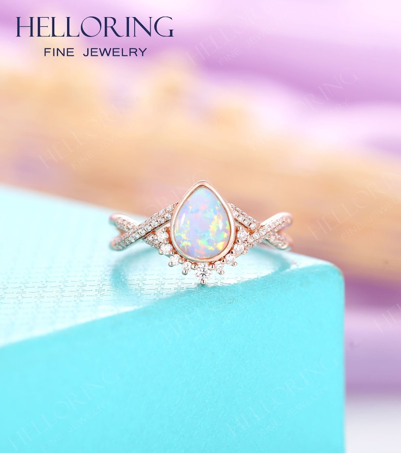 Vintage opal engagement ring, Pear shaped,diamond ring women Rose Gold, Unique twisted band,halo set,Bridal Jewelry Anniversary