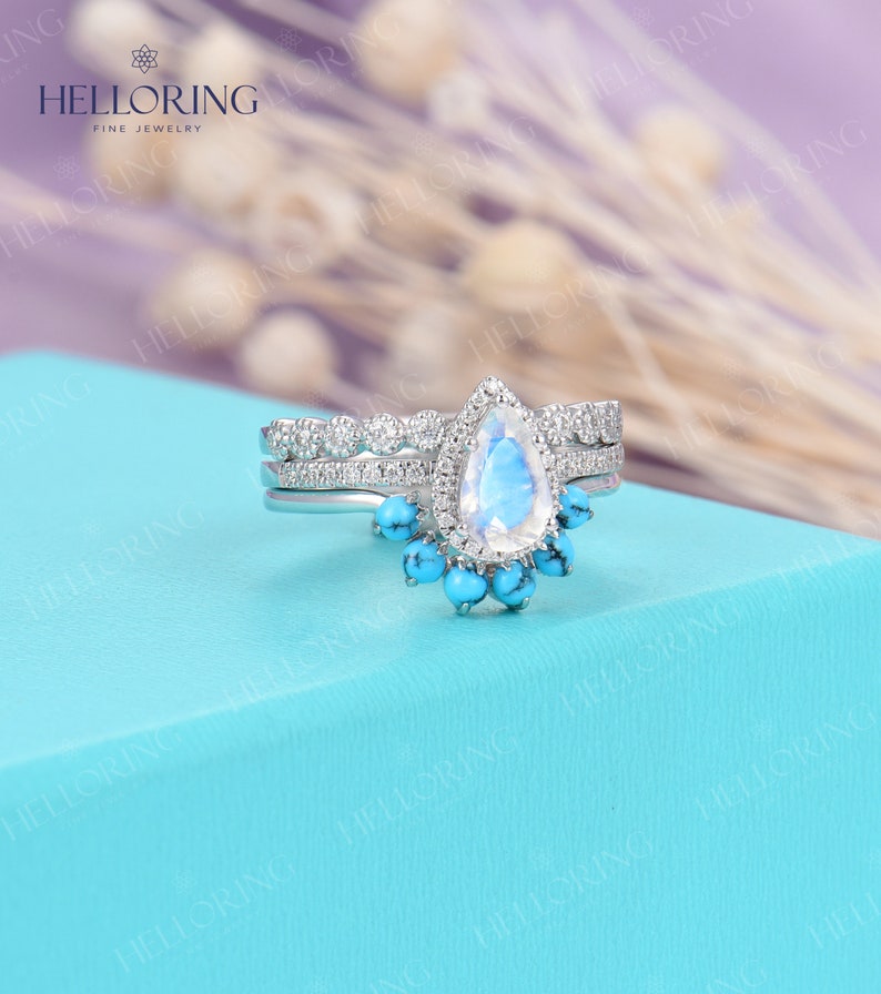 White gold engagement ring set women, Pear shaped Moonstone wedding ring, Halo Diamond Half eternity, Vintage Turquoise Curved matching band
