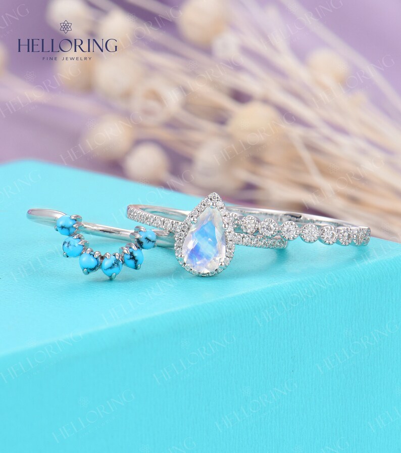 White gold engagement ring set women, Pear shaped Moonstone wedding ring, Halo Diamond Half eternity, Vintage Turquoise Curved matching band