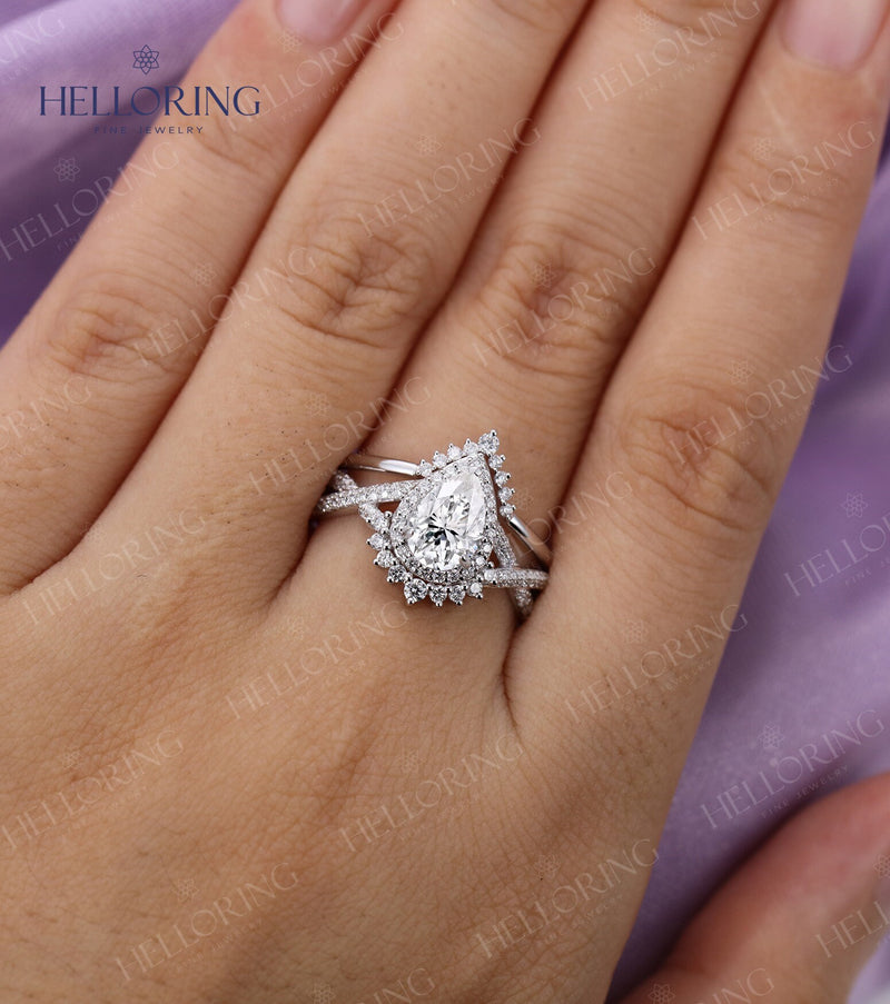 Vintage pear moissanite engagement ring set white gold diamond moissanite ring halo twisted band chevron engagement ring anniversary ring